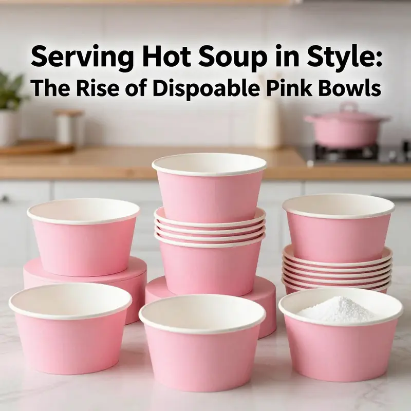 A variety of disposable pink bowls highlighting their materials and suitability for hot soup service.