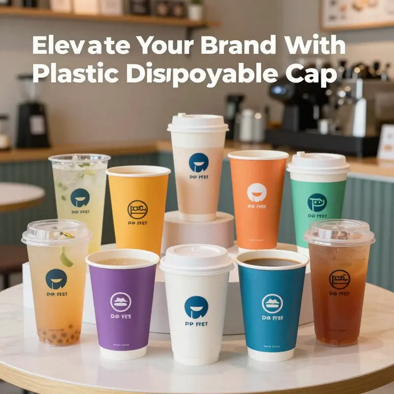 A variety of plastic disposable cups made from PP and PET, emphasizing their suitability for various beverages.