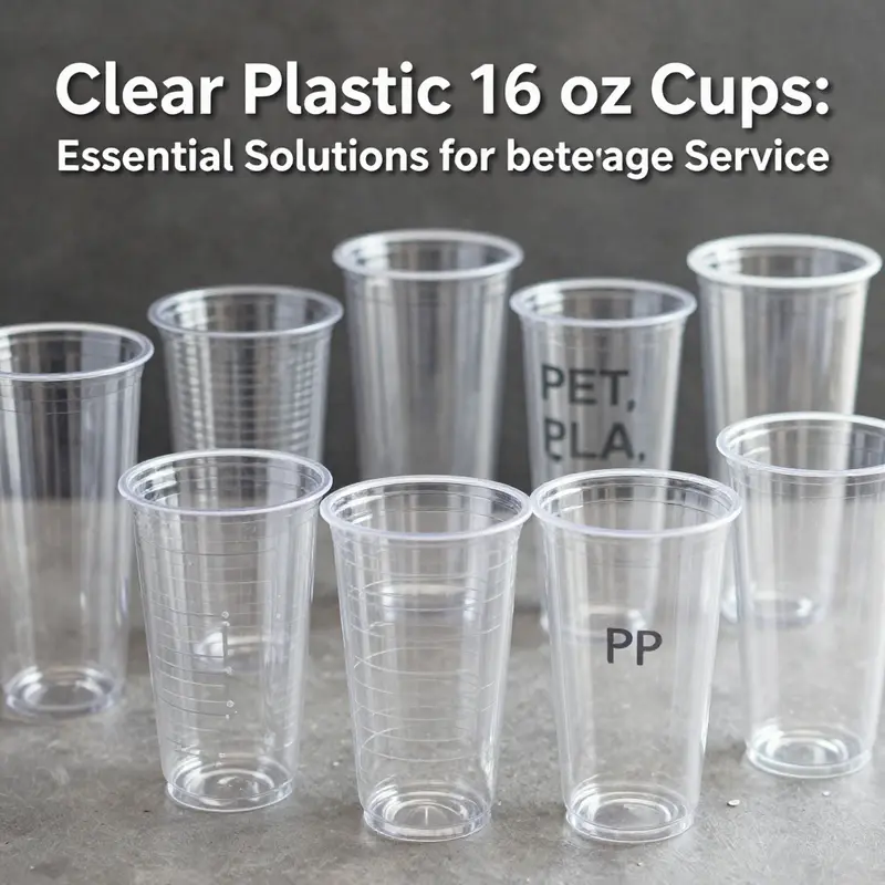 Various types of clear plastic 16 oz cups highlighting their material compositions.