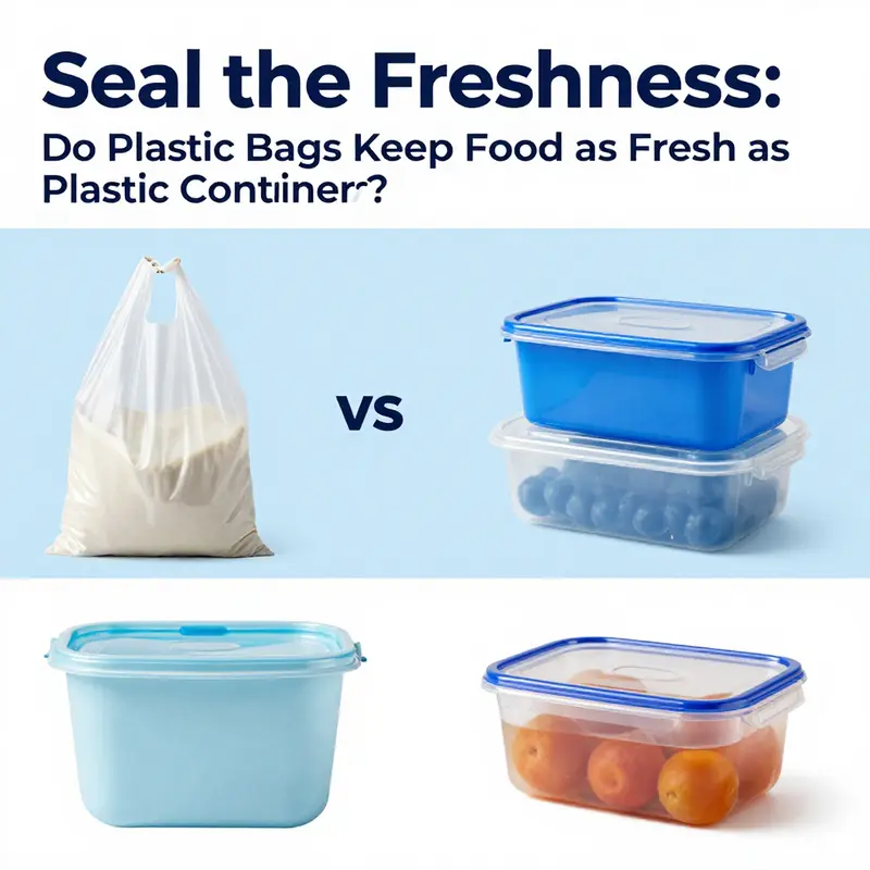 A comparison between a plastic bag and a plastic container showing different freshness levels in food preservation.