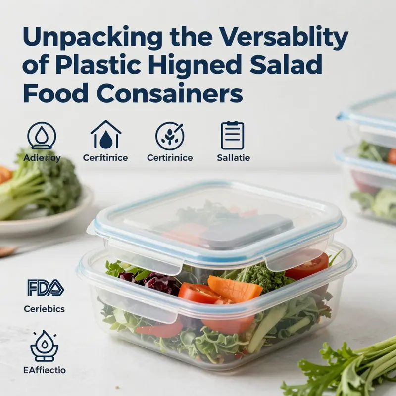 Assorted plastic hinged salad food containers displaying their secure design and fresh contents.