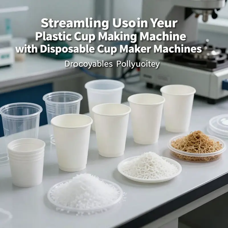 A modern plastic cup making machine operating at peak production speed.