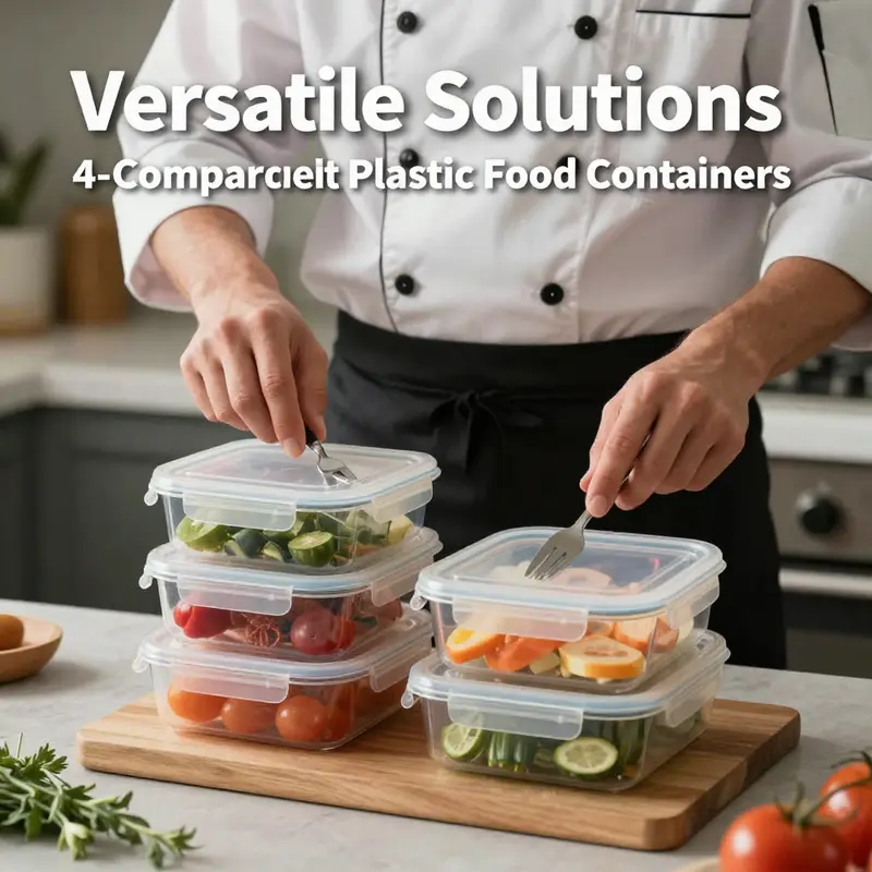 An array of colorful, designed 4-compartment containers highlighting their versatile material use.