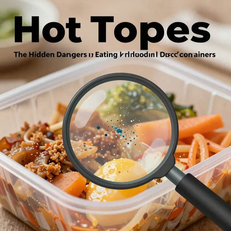 Exposing the potential risks of chemical migration from plastic containers when holding hot food.