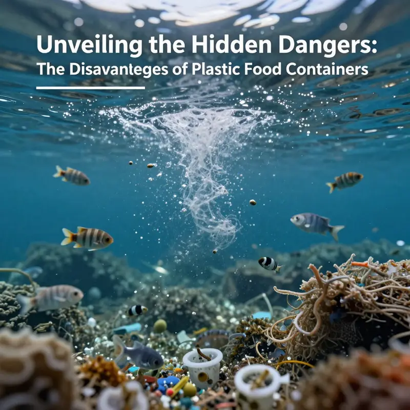 An illustration showing potential chemical migration from plastic containers to food, highlighting the risks involved.