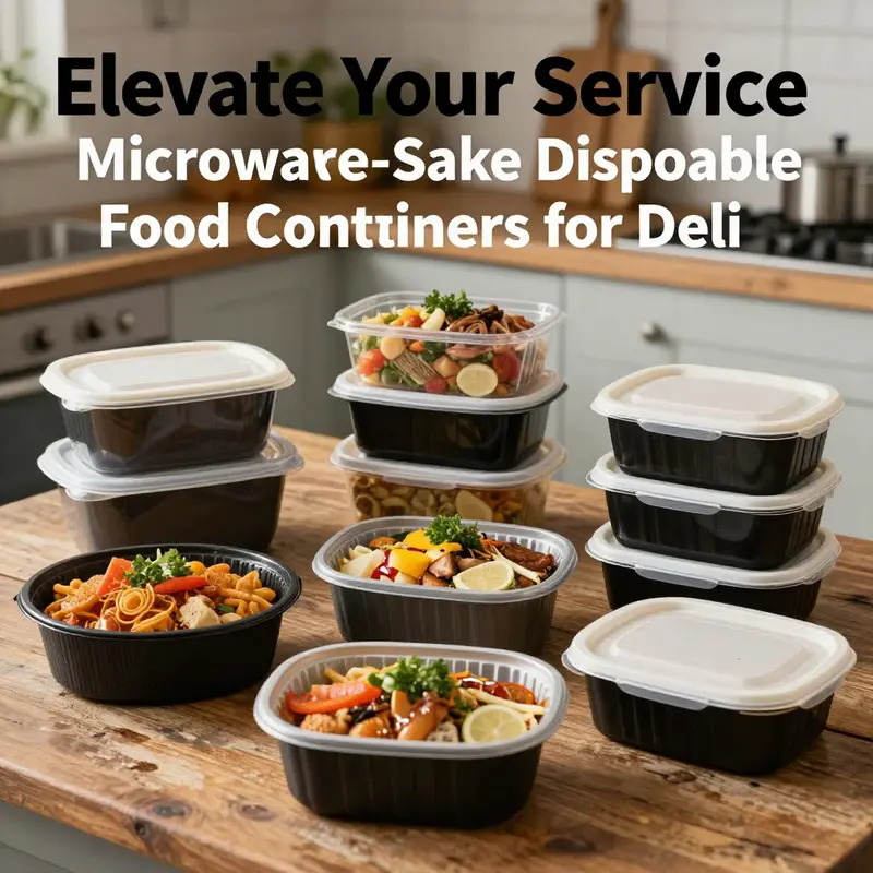 An assortment of filled microwave-safe disposable food containers displayed on a wooden table.