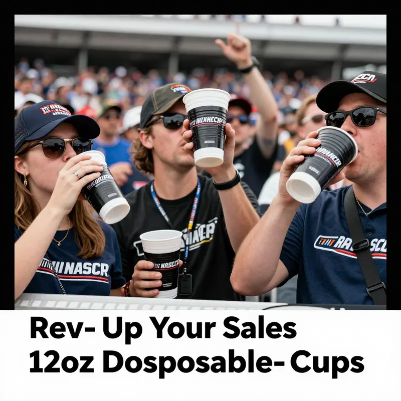 A visual analysis of 12oz disposable plastic cups featuring the NASCAR logo in various designs.