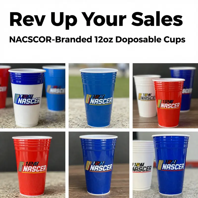 A visual analysis of 12oz disposable plastic cups featuring the NASCAR logo in various designs.