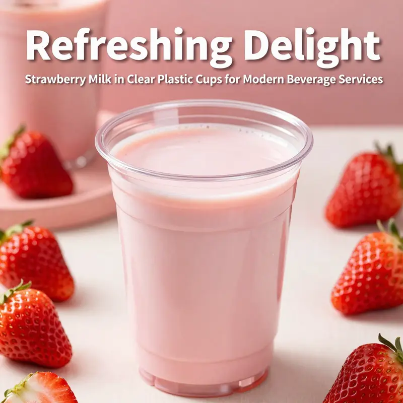 Vibrant strawberry milk displayed in a clear plastic cup, highlighting its freshness and charm.