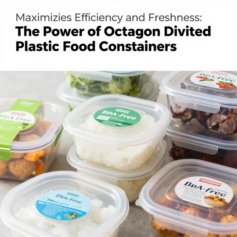 Multiple octagon divided plastic food containers neatly arranged, displaying the benefits of organized meal prep.