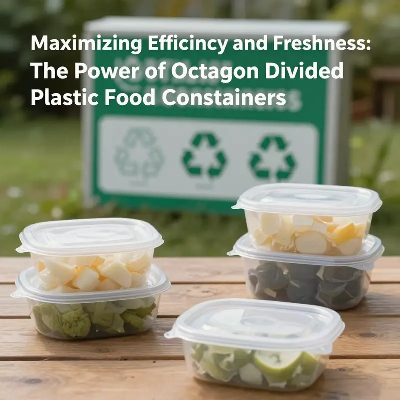 Multiple octagon divided plastic food containers neatly arranged, displaying the benefits of organized meal prep.