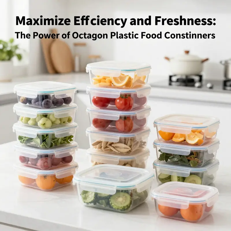 Multiple octagon divided plastic food containers neatly arranged, displaying the benefits of organized meal prep.