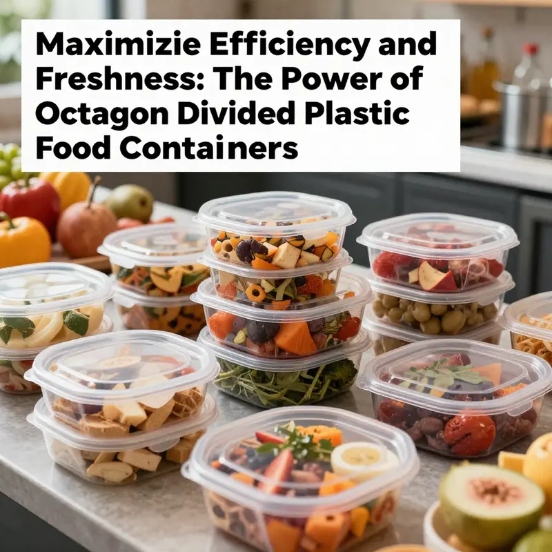 A display of octagon divided plastic food containers filled with colorful foods, highlighting their versatility in food service.
