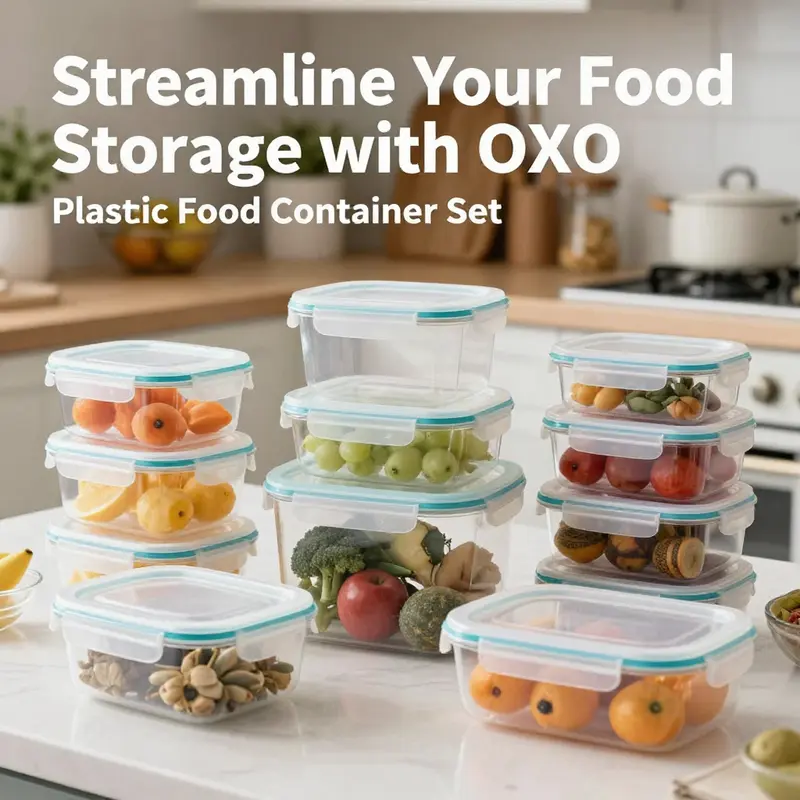 A colorful assortment of OXO plastic food storage containers arranged in a kitchen, showcasing their practicality and aesthetic appeal.