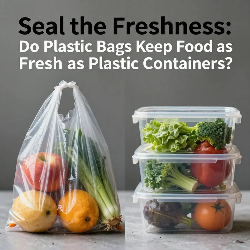 A comparison between a plastic bag and a plastic container showing different freshness levels in food preservation.