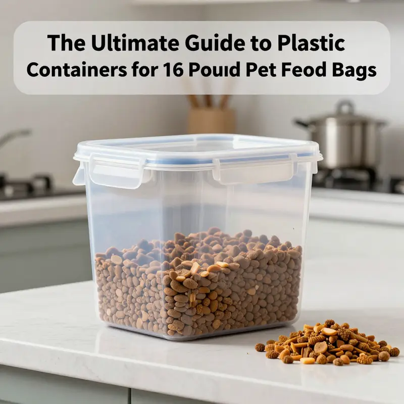 An ergonomic plastic container designed specifically for 16-pound pet food bags, highlighting its storage features.