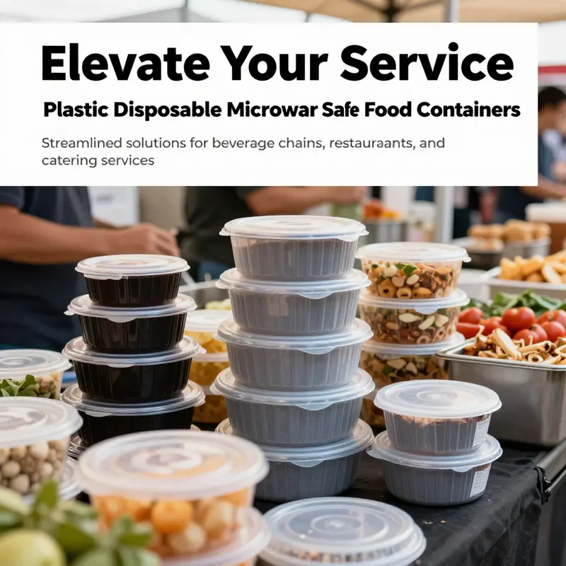 A busy food market scene illustrating the practical use of plastic disposable microwave safe food containers.