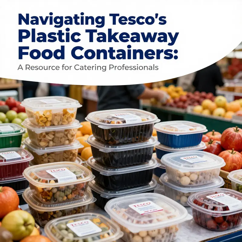 Diverse plastic takeaway food containers from Tesco displayed in a busy market setting, signifying convenience and choice.