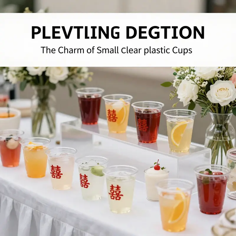 A display of popular designs of small clear plastic cups at a wedding reception.