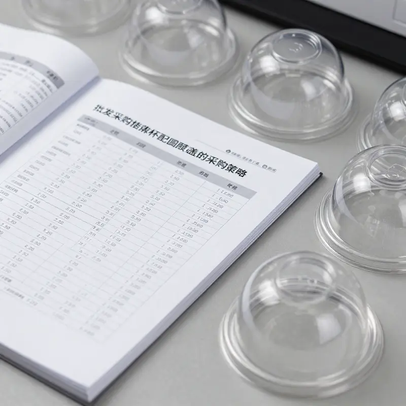 A variety of clear plastic cups with dome lids displayed in a vibrant café setting, showcasing their design and functionality.