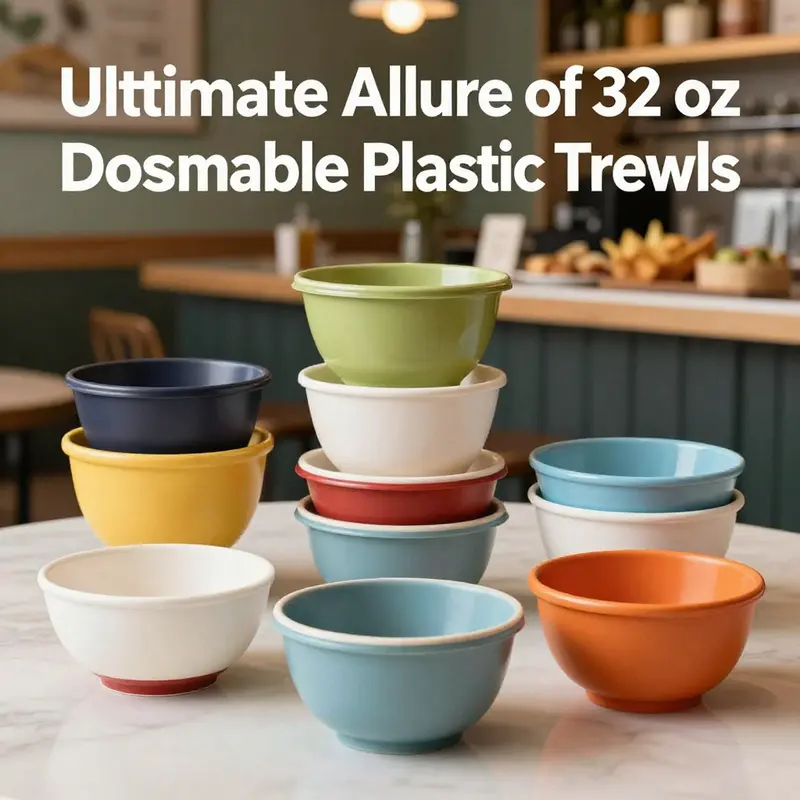 A colorful array of 32 oz disposable plastic bowls in various foodservice environments, highlighting their versatility.