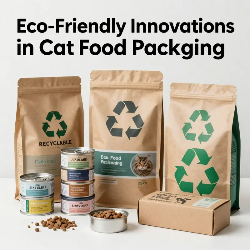 Showcasing the variety of recyclable packaging options available for cat food.