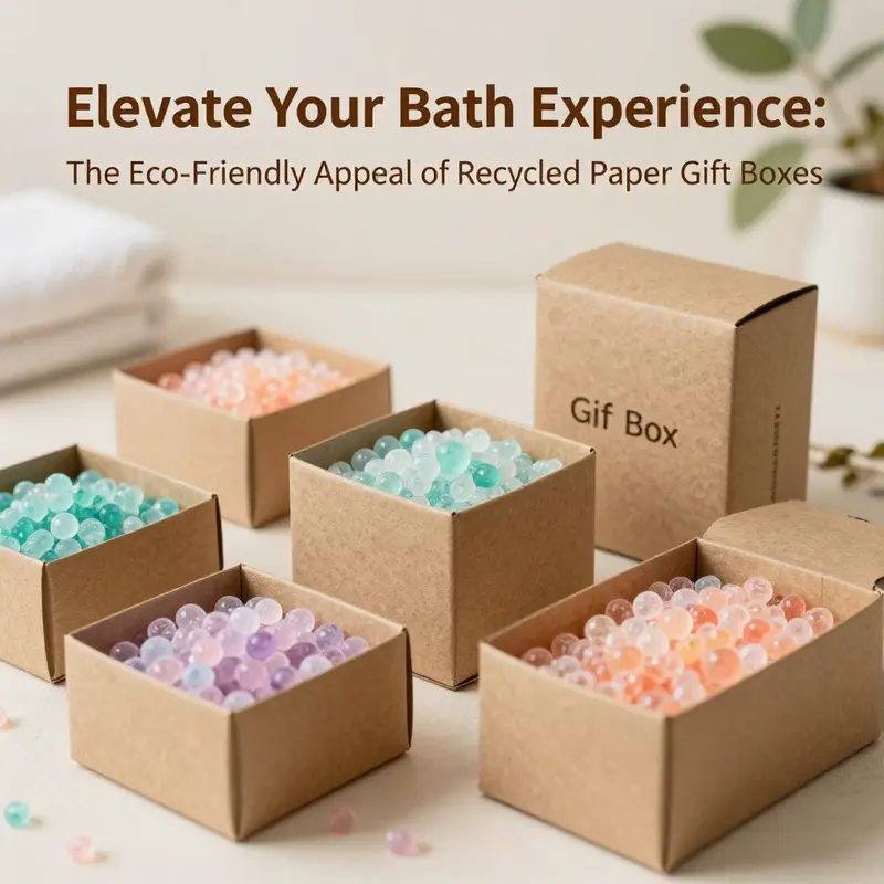 Recycled paper gift boxes enhance the presentation of bath beads while supporting sustainability.