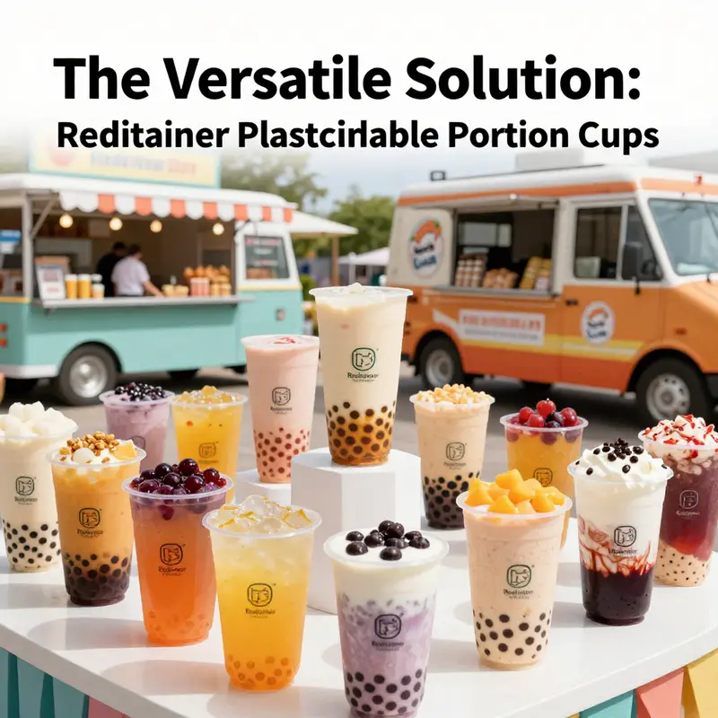 Highlighted features of Reditainer cups demonstrate their secure-lock and semi-transparent design.