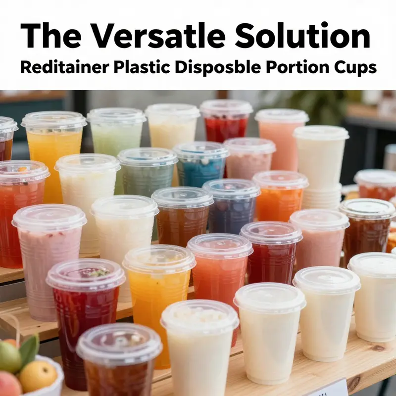 Display of Reditainer disposable portion cups highlighting their various uses in food service and events.