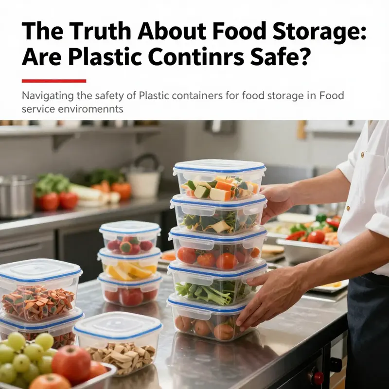 A vibrant restaurant kitchen with chefs storing food in plastic containers, highlighting food safety practices.