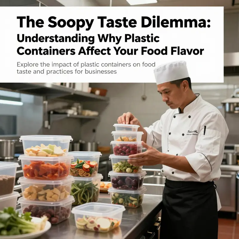A restaurant kitchen where a chef evaluates food-safe plastic containers ensuring quality control.