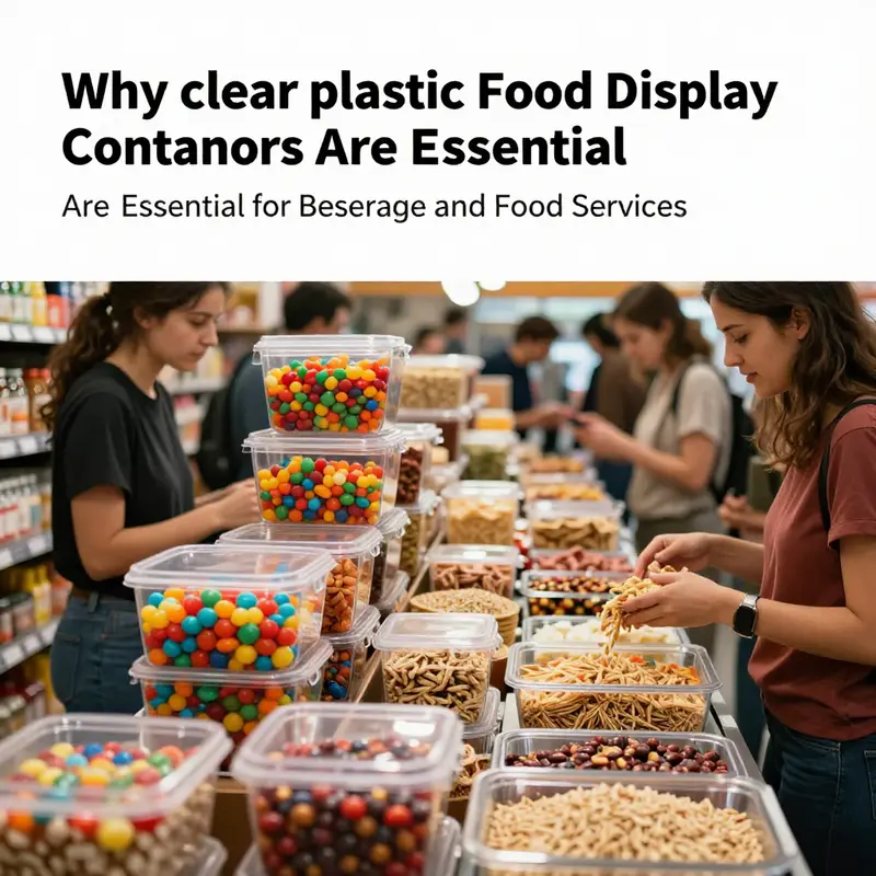 Clear plastic containers showcasing a variety of foods in a vibrant retail setting.
