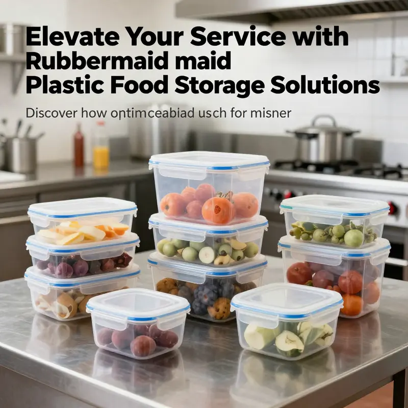 Rubbermaid plastic food storage containers arranged neatly in a professional kitchen setting, emphasizing their use in high-demand environments.