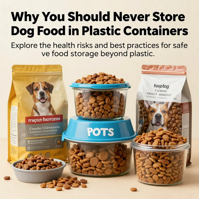 A display of multiple types of dog food stored in safe containers, emphasizing healthy storage methods.