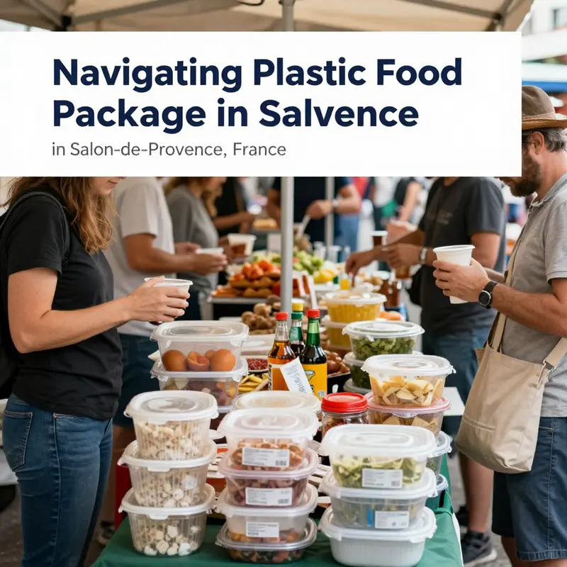 A bustling market in Salon-de-Provence highlighting diverse food vendors using plastic packaging.