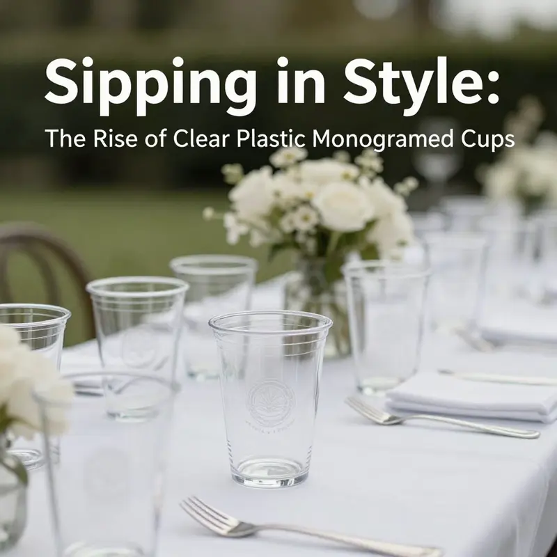 A showcase of beautifully customized clear plastic monogrammed cups, demonstrating versatility for any event.