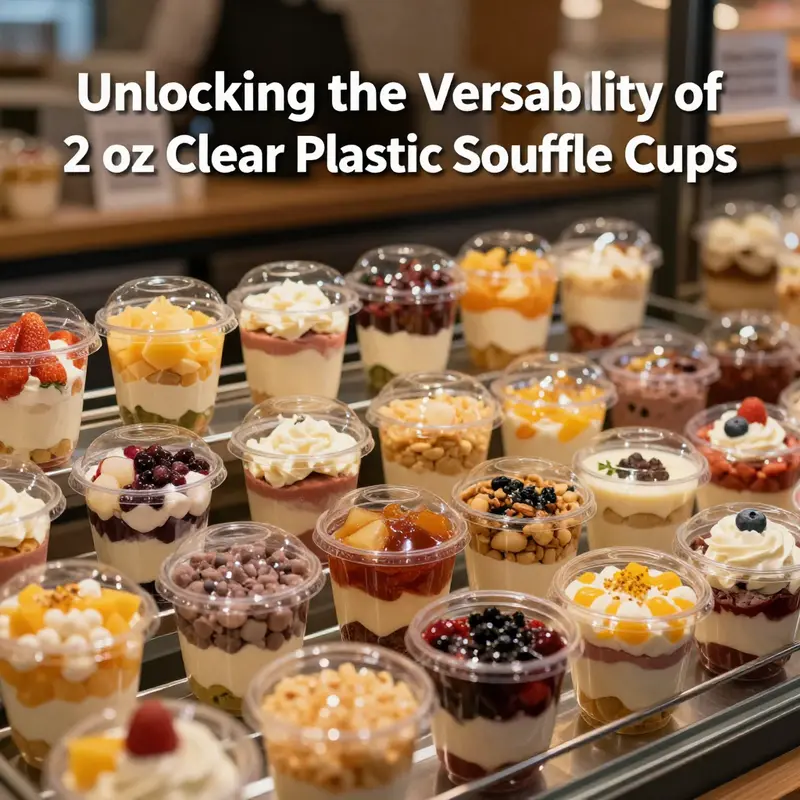 Versatile applications of 2 oz clear plastic souffle cups in various settings.