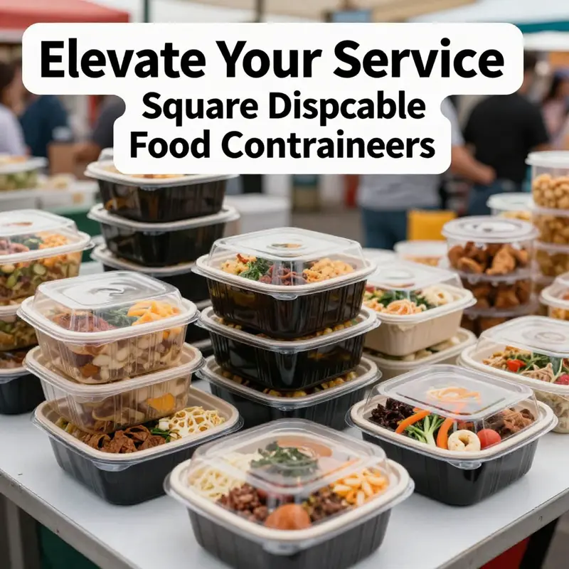 Various square disposable food containers filled with food items in a lively food market setting.