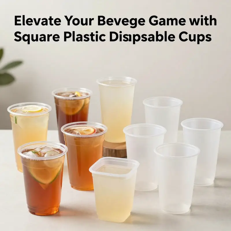A diverse array of square plastic disposable cups ideal for beverages and desserts.