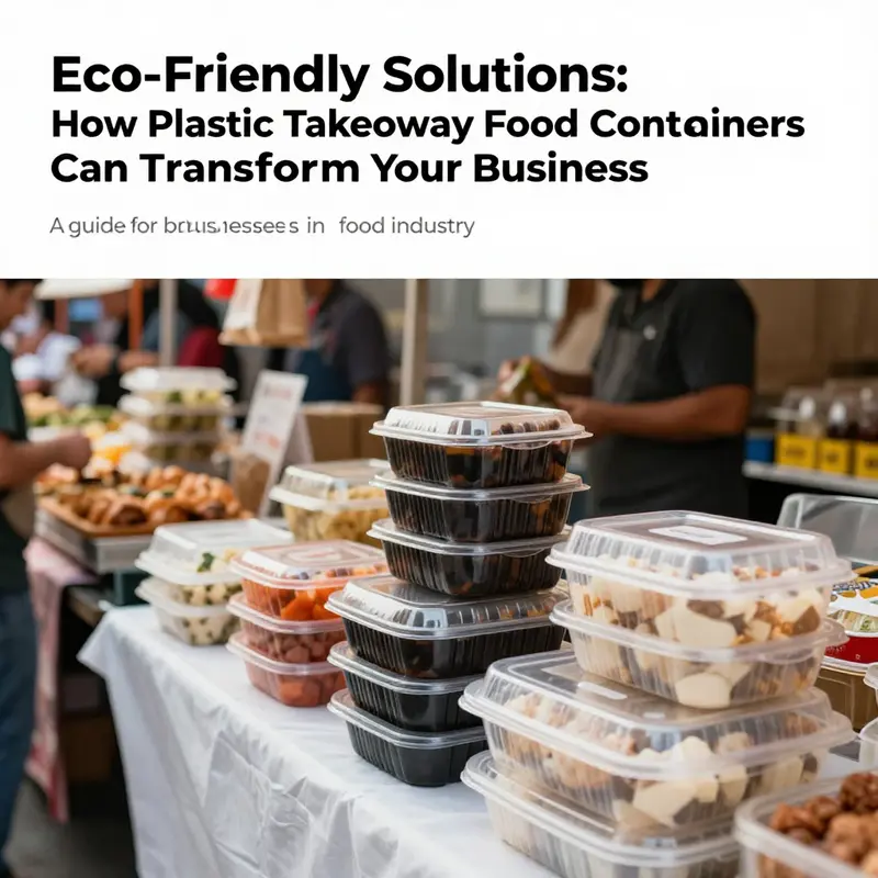 A bustling street market with food vendors, featuring innovative and stylish plastic takeaway containers.