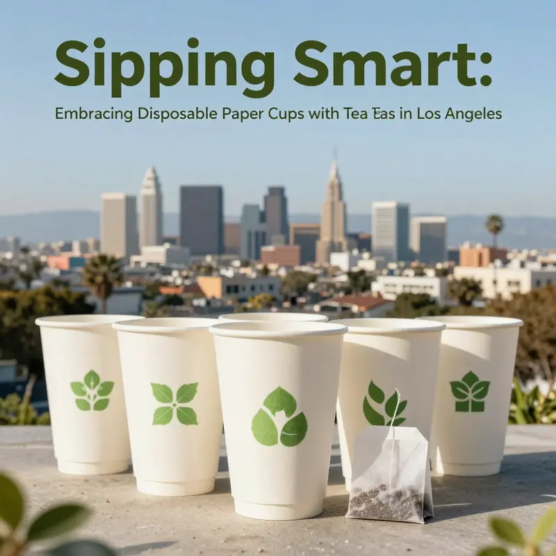 Diverse disposable paper cups with tea bags in a colorful array reflecting the spirit of LA’s beverage scene.