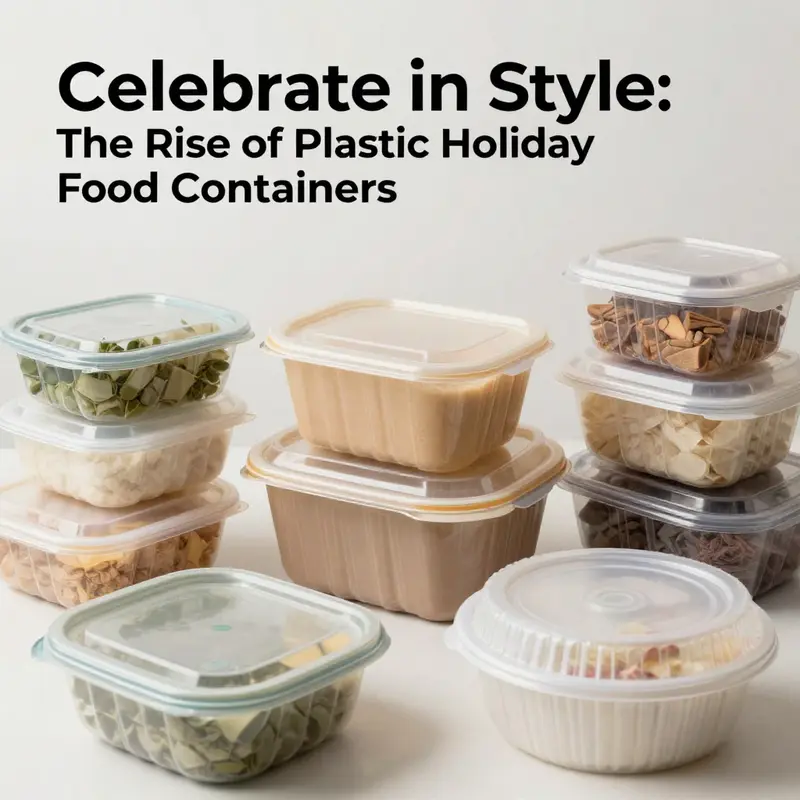 A collection of plastic holiday food containers showcasing various festive designs.
