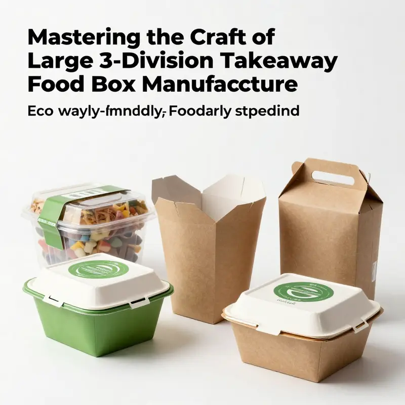 Manufacturing large 3-division takeaway food boxes with quality control measures.
