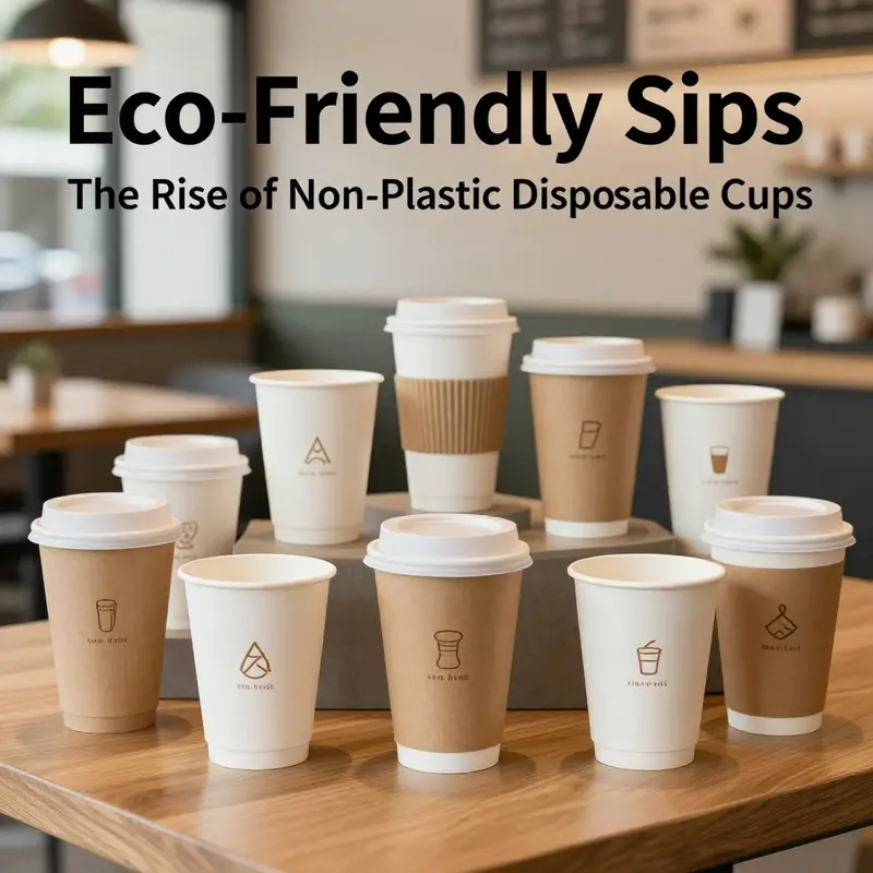 A showcase of various biodegradable disposable cups available for beverage service.