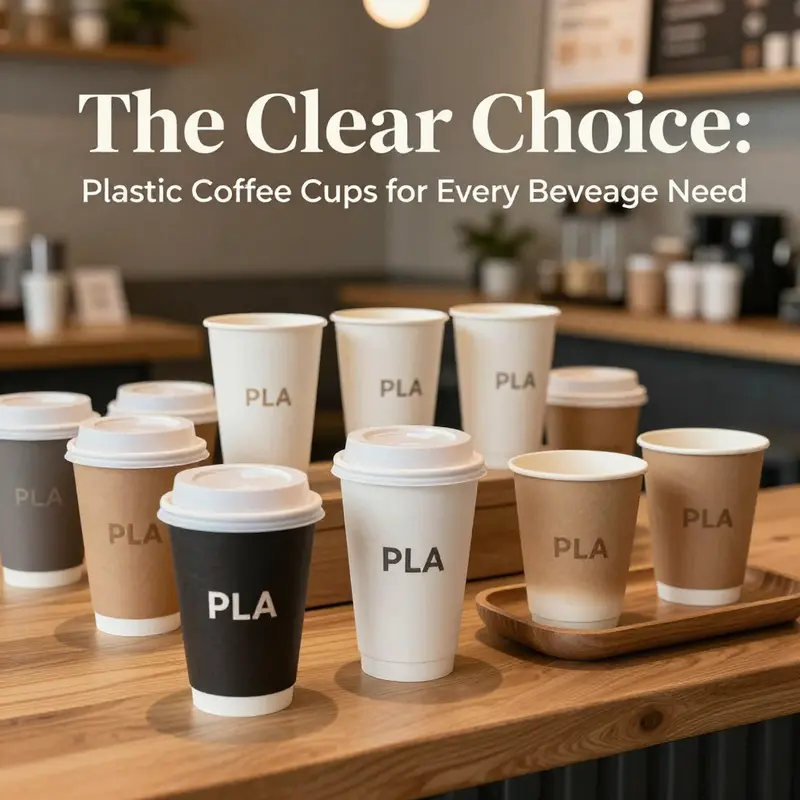 An assortment of plastic clear coffee cups demonstrating their material quality and range.