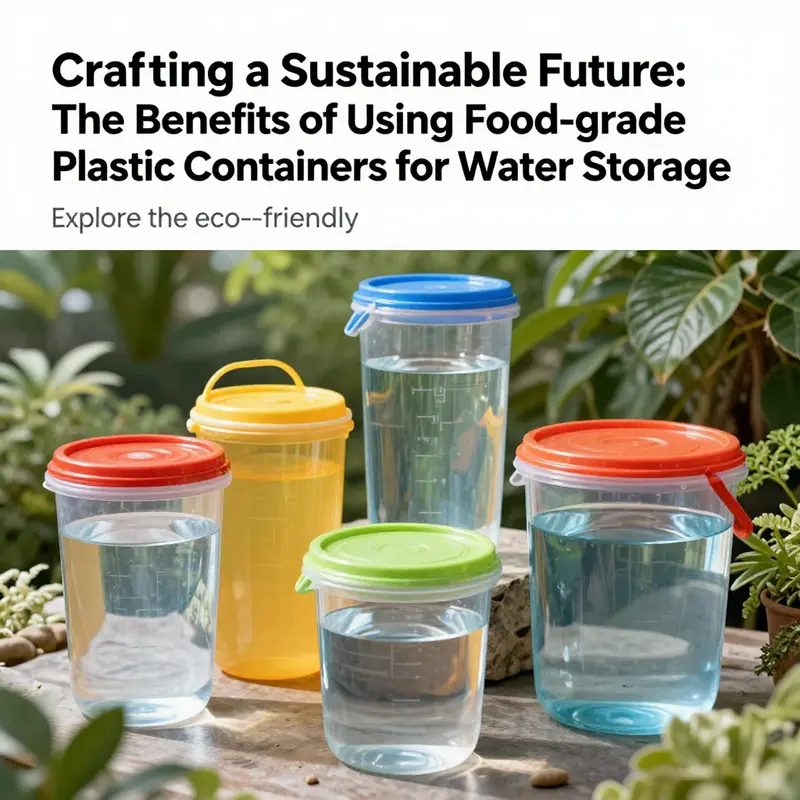 An assortment of filled food-grade plastic containers surrounded by green foliage, representing eco-friendly water storage.