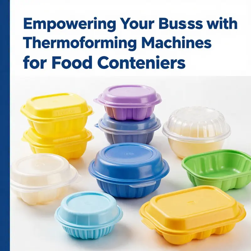 Overview of a thermoforming machine producing various food containers.