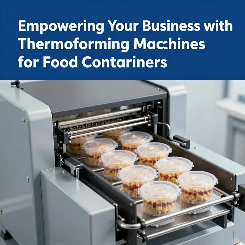 Overview of a thermoforming machine producing various food containers.