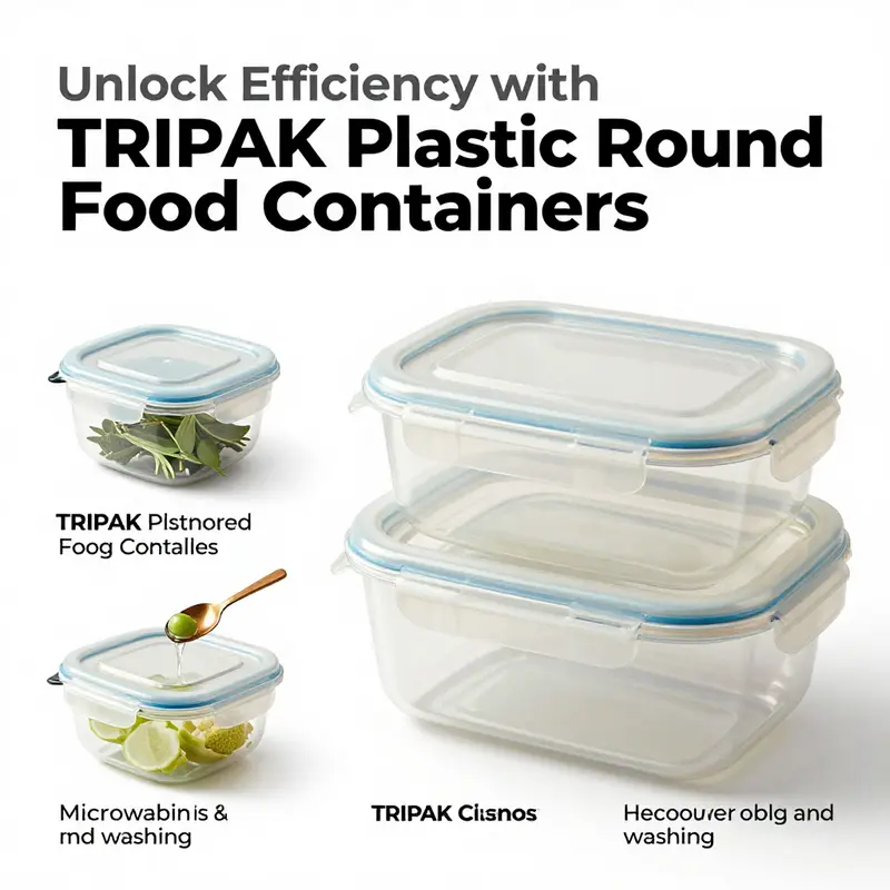 Key features of TRIPAK food containers including microwave and dishwasher safety.