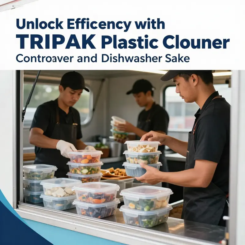 Key features of TRIPAK food containers including microwave and dishwasher safety.